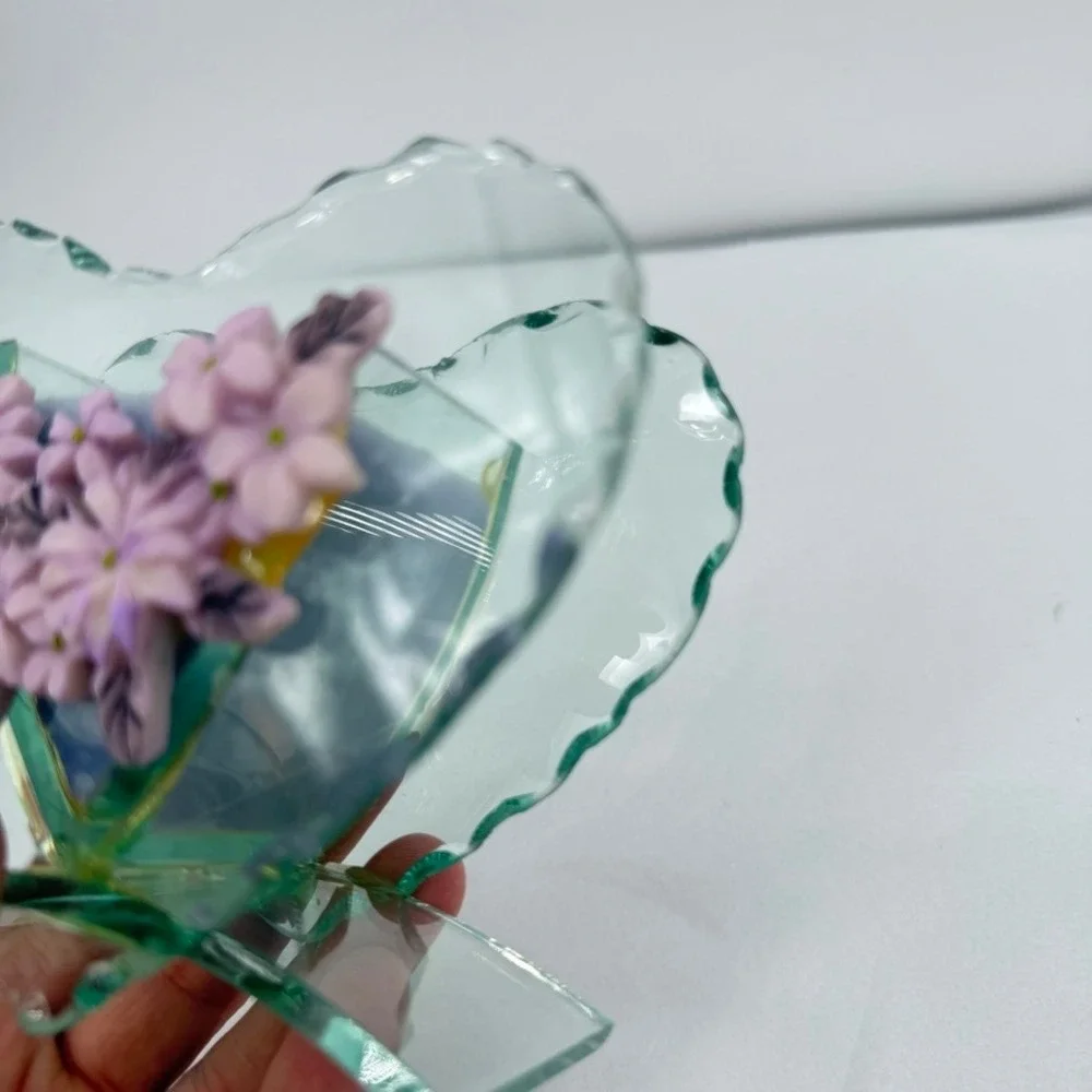 Giftco Heart Candle Beveled‎ Glass Holder Polystone Flowers Purple Decor Gift